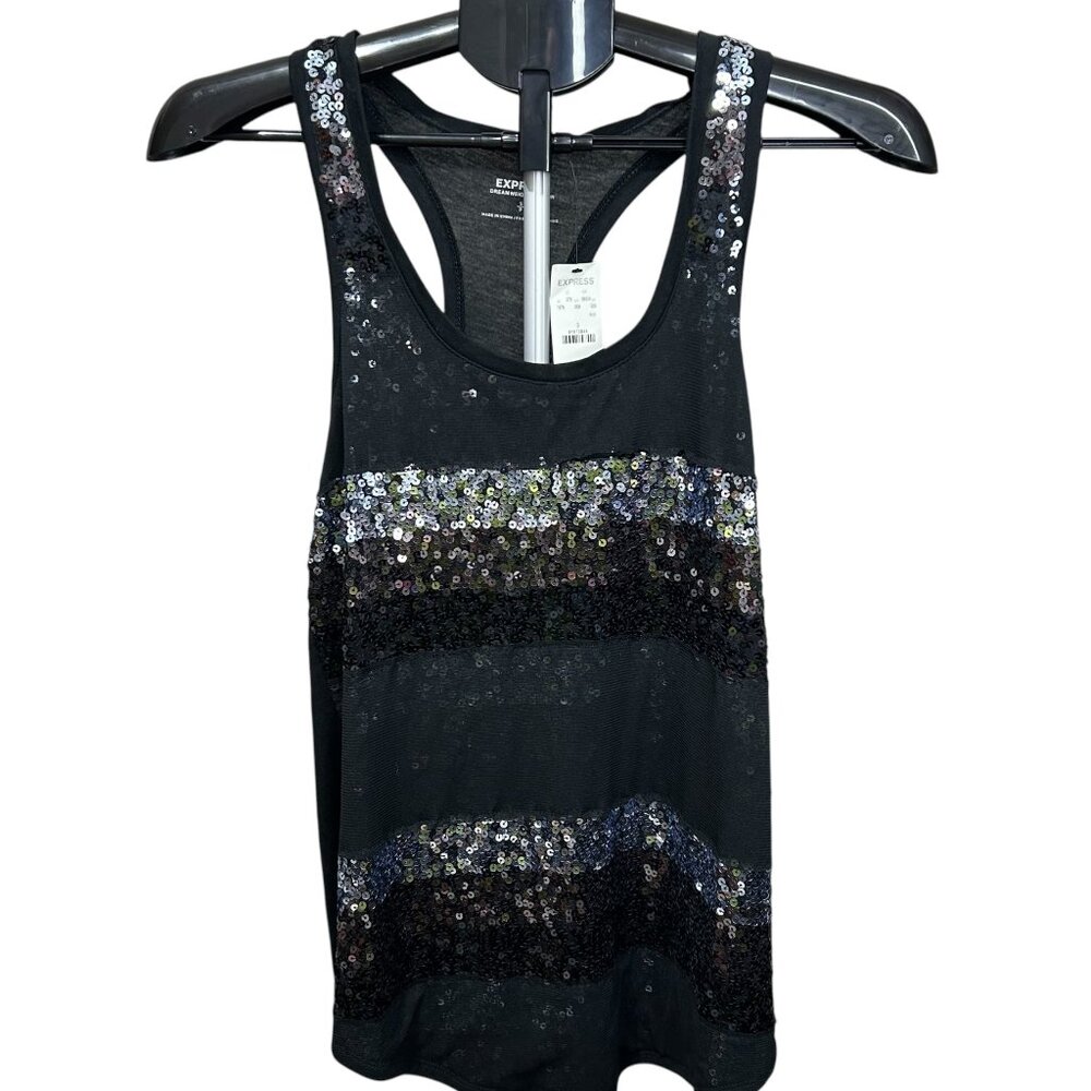 NWT Express Sequin Front Black Razor Back Tank Top SZ SM